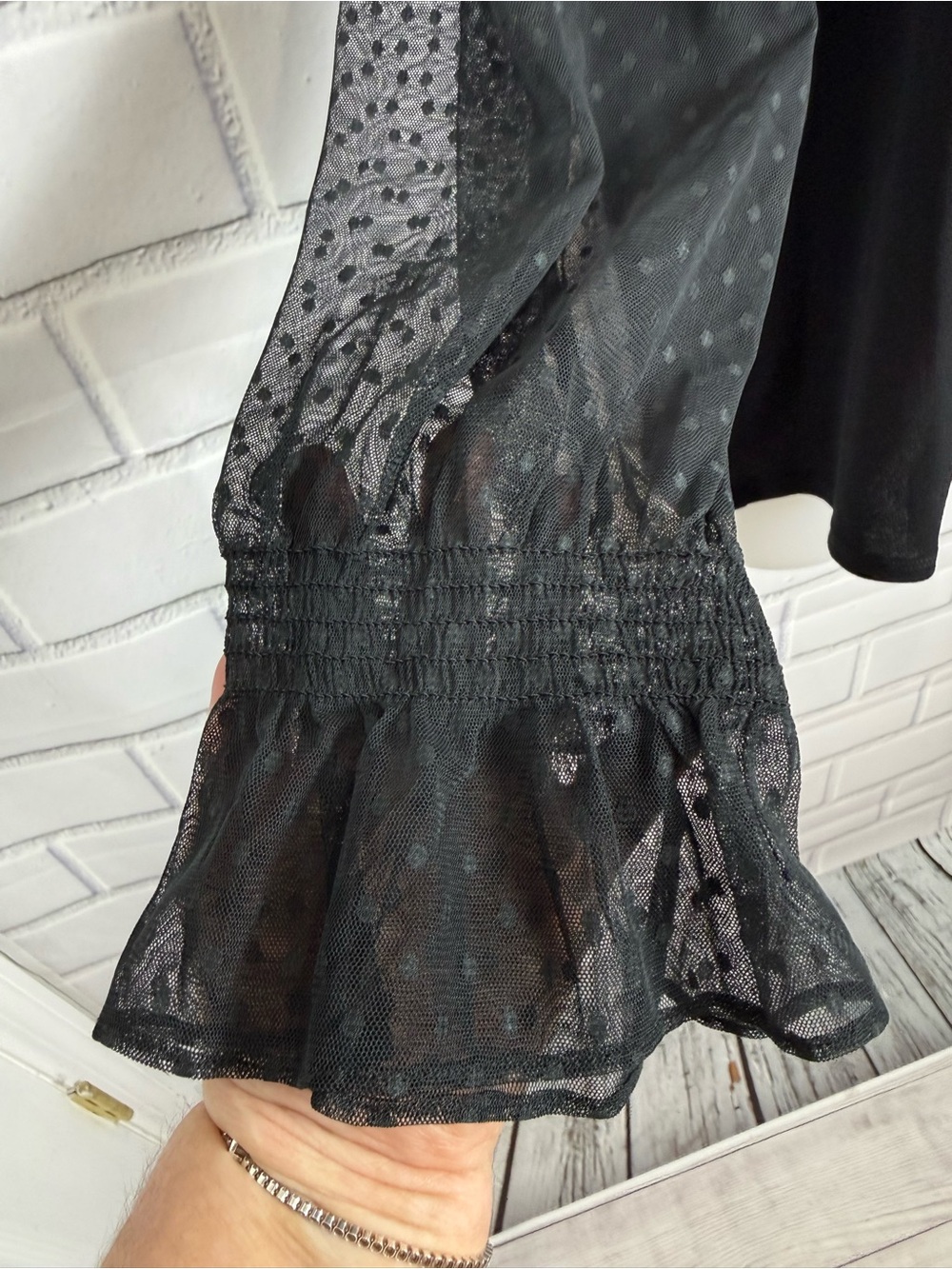 Adrianna Papell Black Swiss Dot Mesh Smocked Mock Neck whimsigoth Blouse Size M - Picture 5 of 8